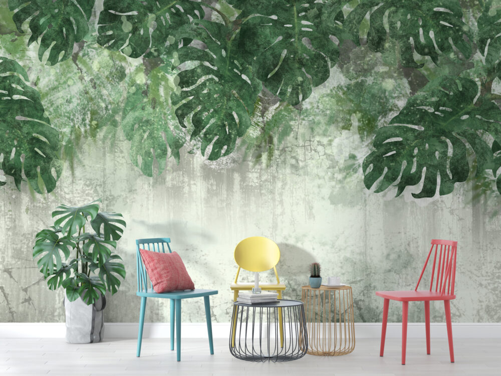Hanging Monstera Wallpaper : Green Leaves on Distressed Plaster Mural - View 3