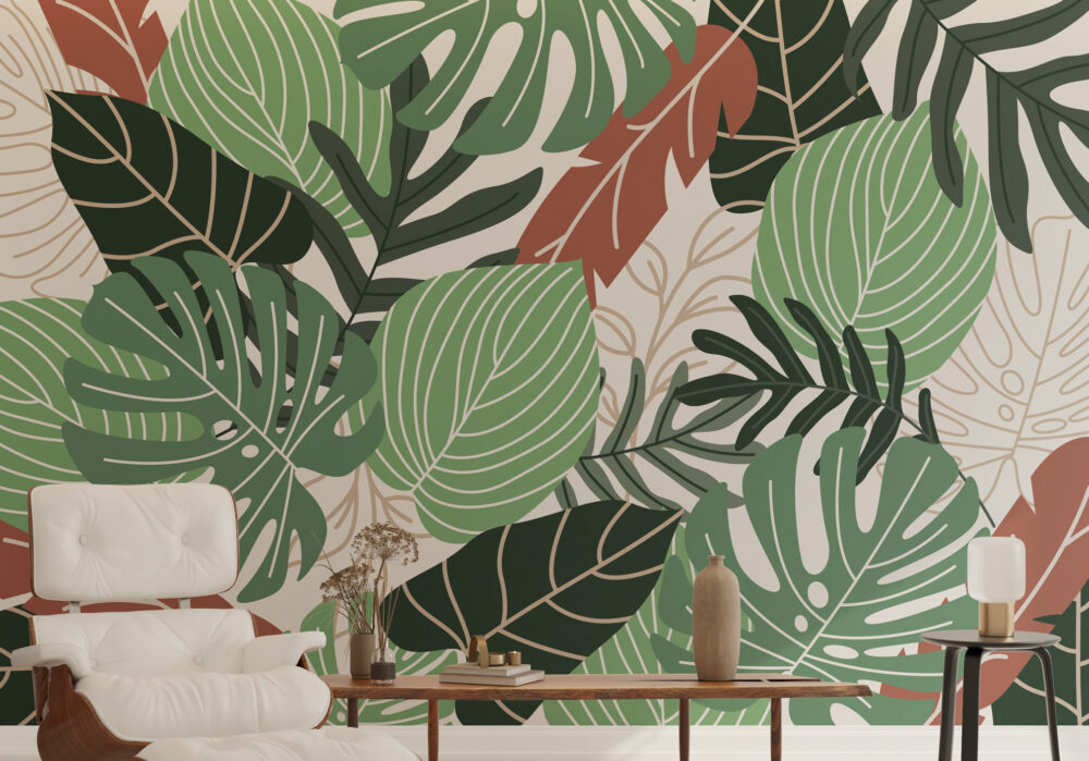 Green Leaf Wallpaper : Modern Botanical Shapes Pattern - View 3