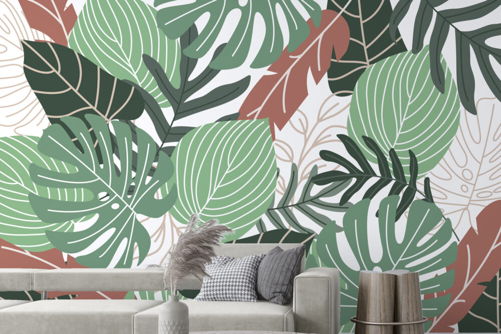 Green Leaf Wallpaper : Modern Botanical Shapes Pattern - View 4