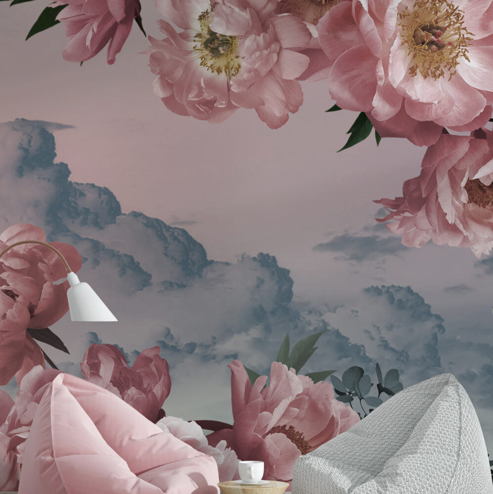 Pink Rose Clouds Wallpaper : Floral Sky Mural - View 3