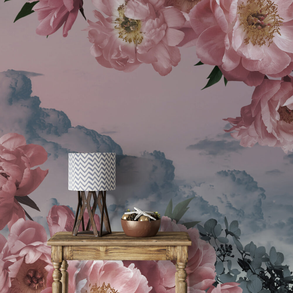 Pink Rose Clouds Wallpaper : Floral Sky Mural