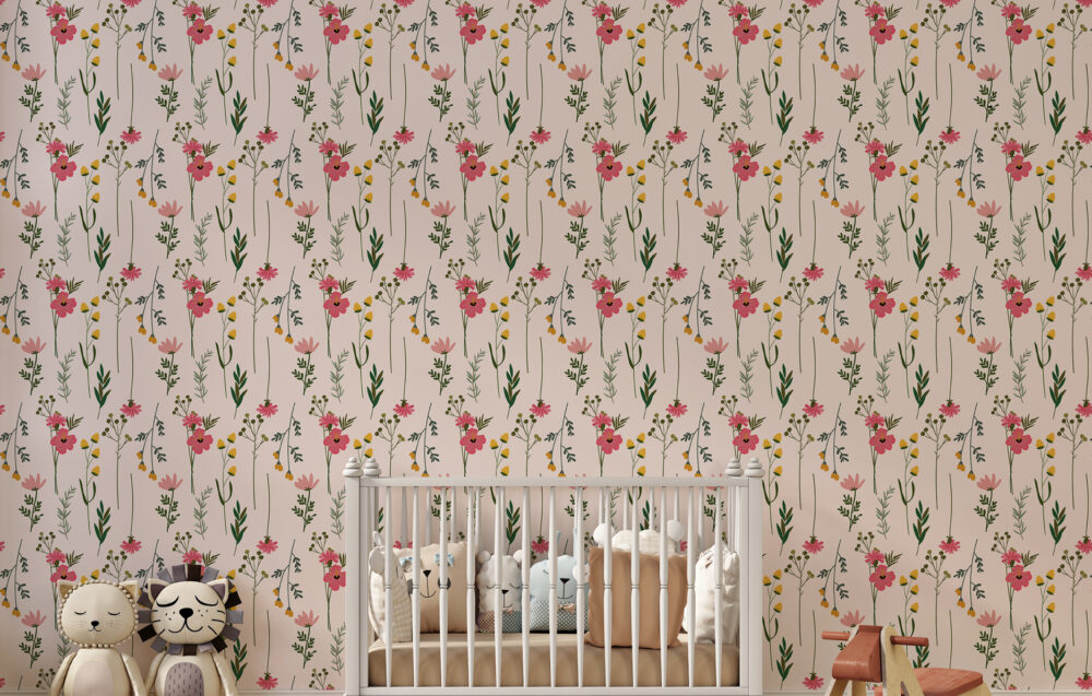 Wildflower Wallpaper : Pink and Yellow Ditsy Floral Pattern - View 3