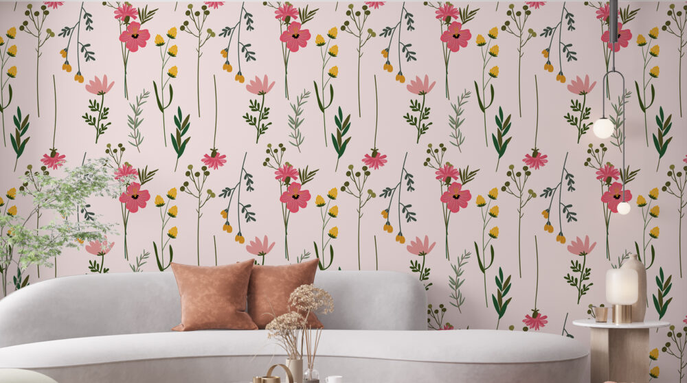 Wildflower Wallpaper : Pink and Yellow Ditsy Floral Pattern