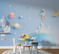 Kids Space Wallpaper : Planets and Rocket Blue Mural