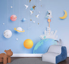 Kids Space Wallpaper : Planets and Rocket Blue Mural - View 3