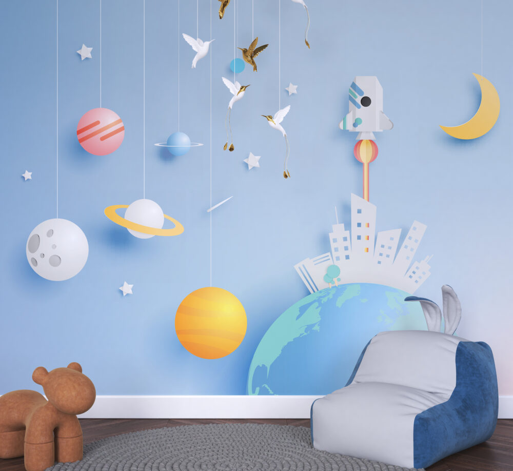 Kids Space Wallpaper : Planets and Rocket Blue Mural - View 3