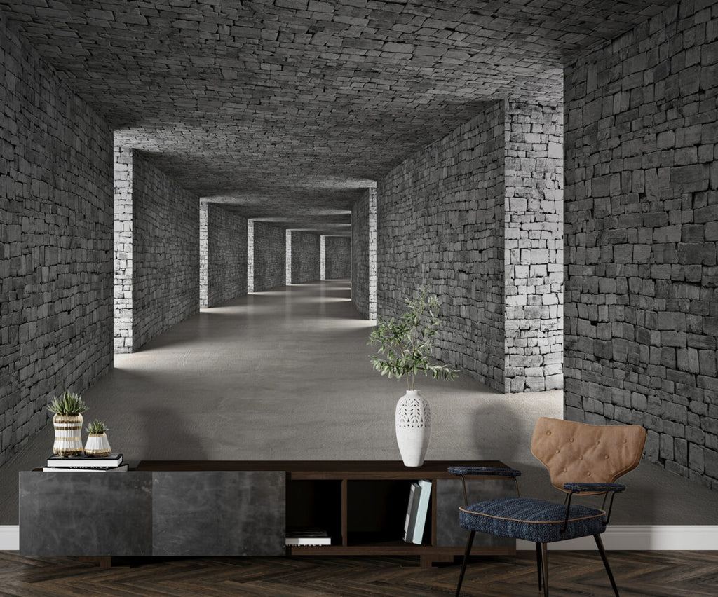 Stone Corridor Wallpaper : 3D Perspective Tunnel Mural - View 4