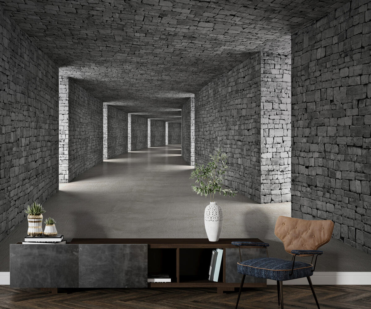 Stone Corridor Wallpaper : 3D Perspective Tunnel Mural - View 4