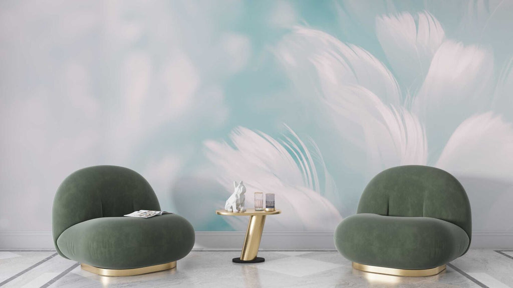Pastel Feather Wallpaper : Soft Blue Abstract Mural - View 2
