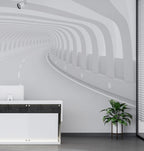 3D Road Tunnel Wallpaper : White Perspective Illusion Mural