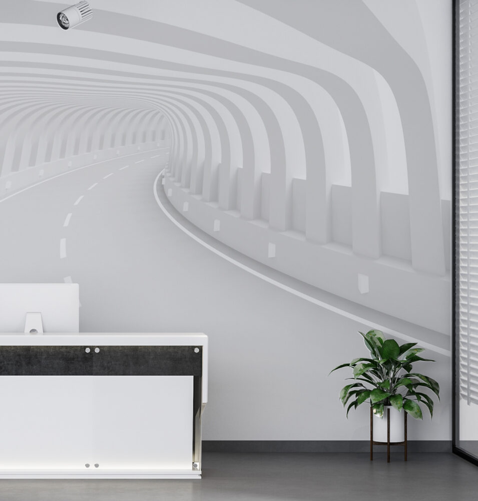 3D Road Tunnel Wallpaper : White Perspective Illusion Mural