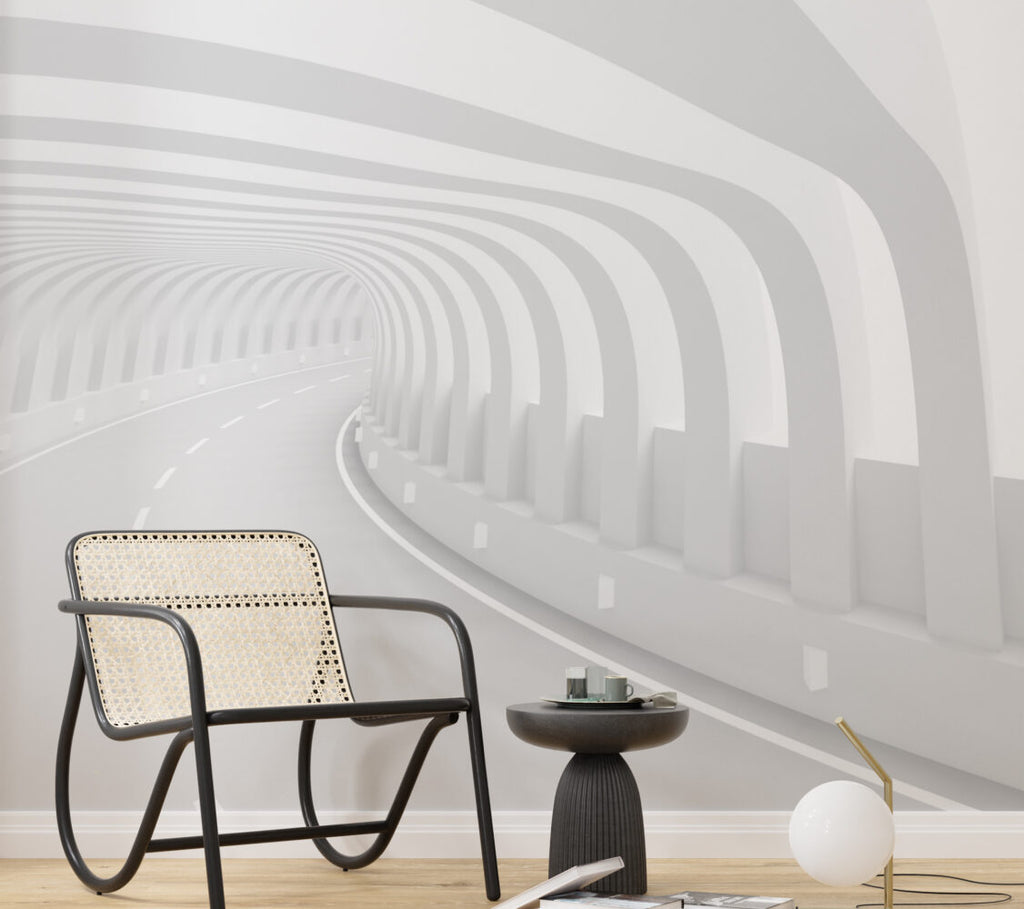 3D Road Tunnel Wallpaper : White Perspective Illusion Mural - View 2