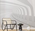 3D Road Tunnel Wallpaper : White Perspective Illusion Mural - View 2