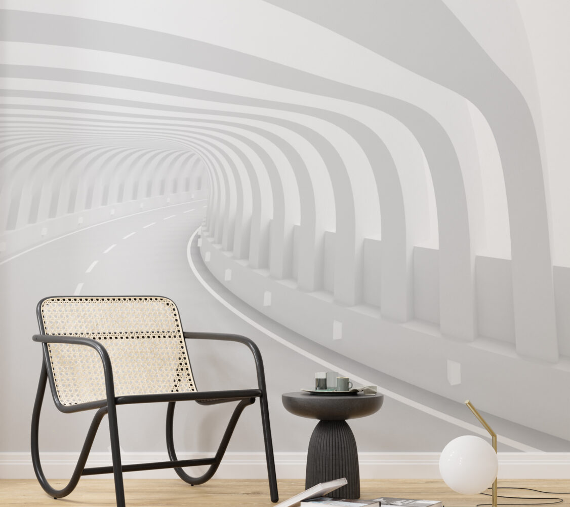 3D Road Tunnel Wallpaper : White Perspective Illusion Mural - View 2