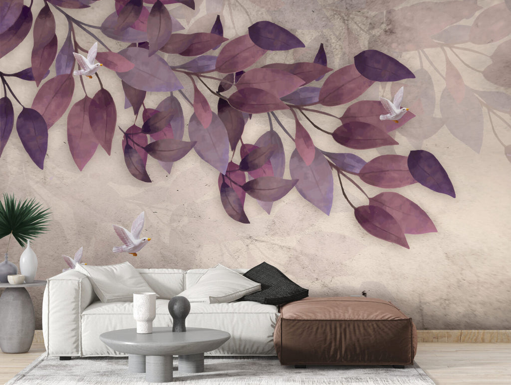 Purple Leaf Wallpaper : Mauve Watercolor Leaves and Bird Mural - View 3
