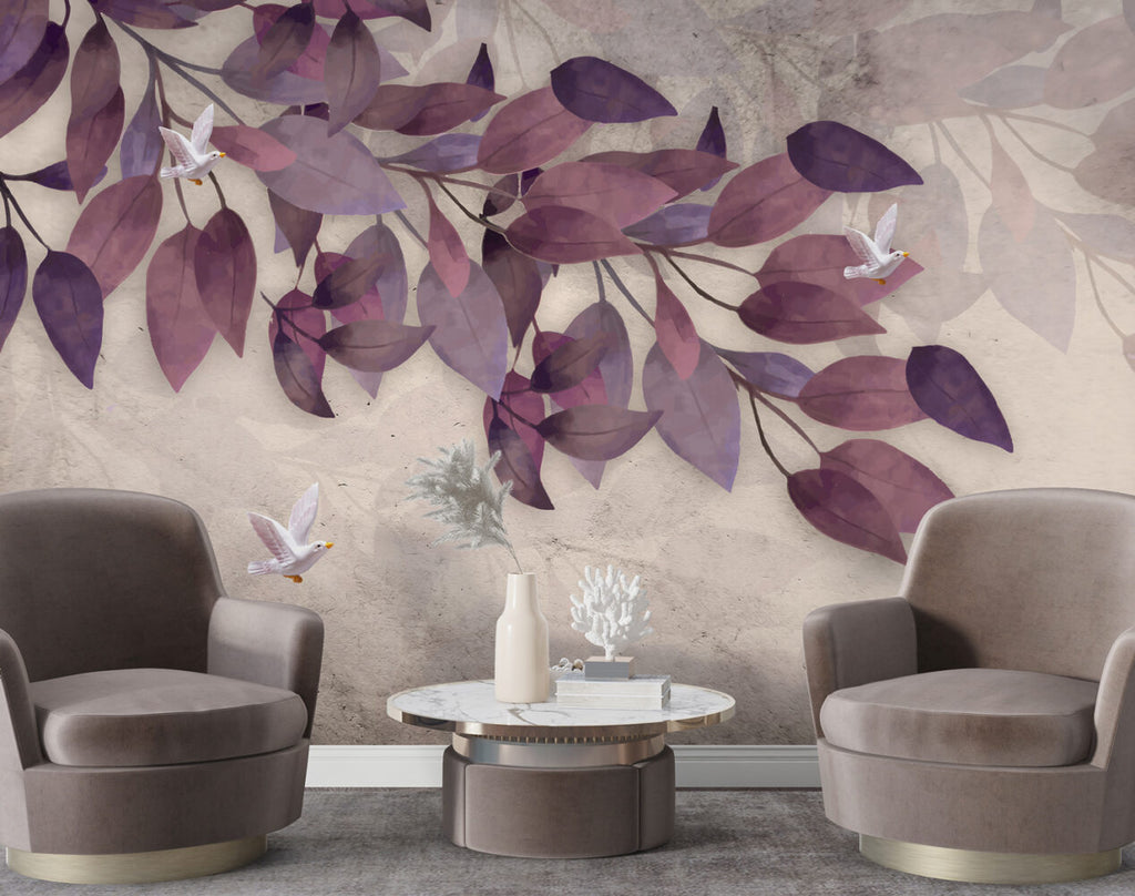 Purple Leaf Wallpaper : Mauve Watercolor Leaves and Bird Mural - View 2