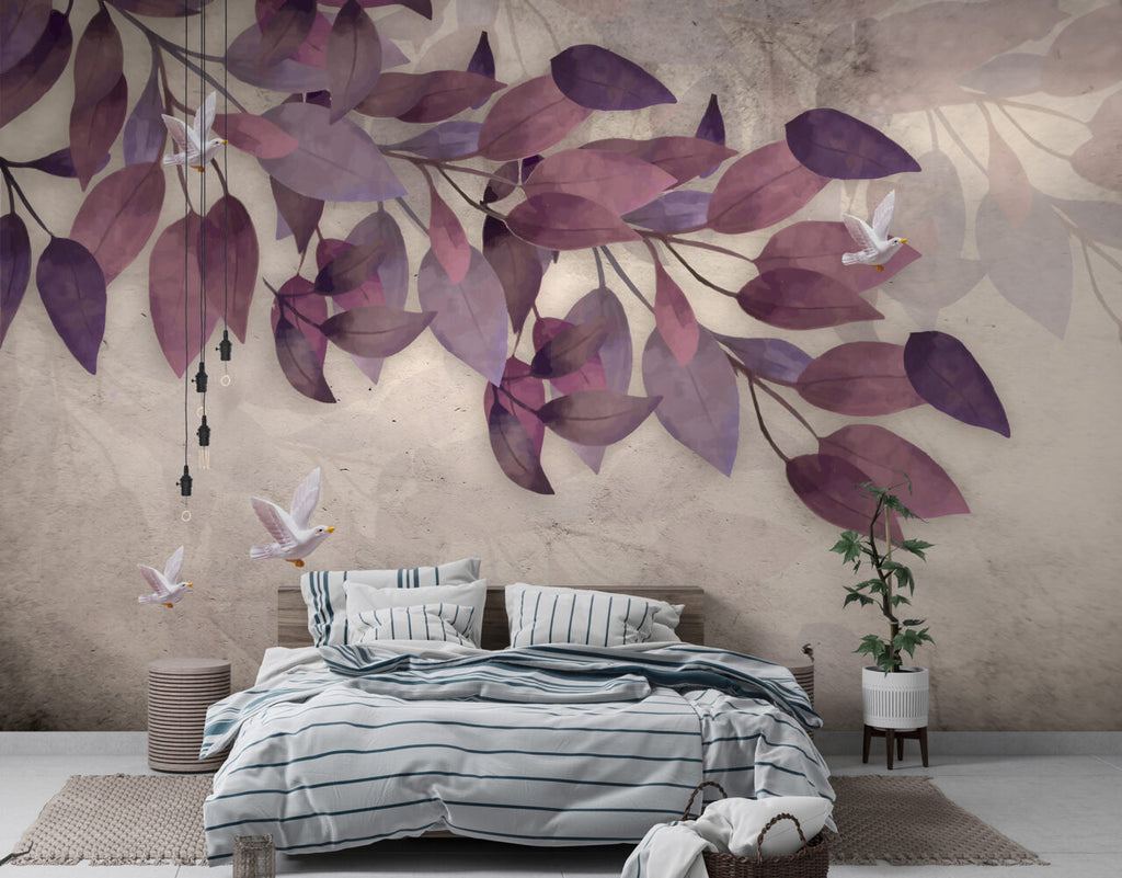 Purple Leaf Wallpaper : Mauve Watercolor Leaves and Bird Mural