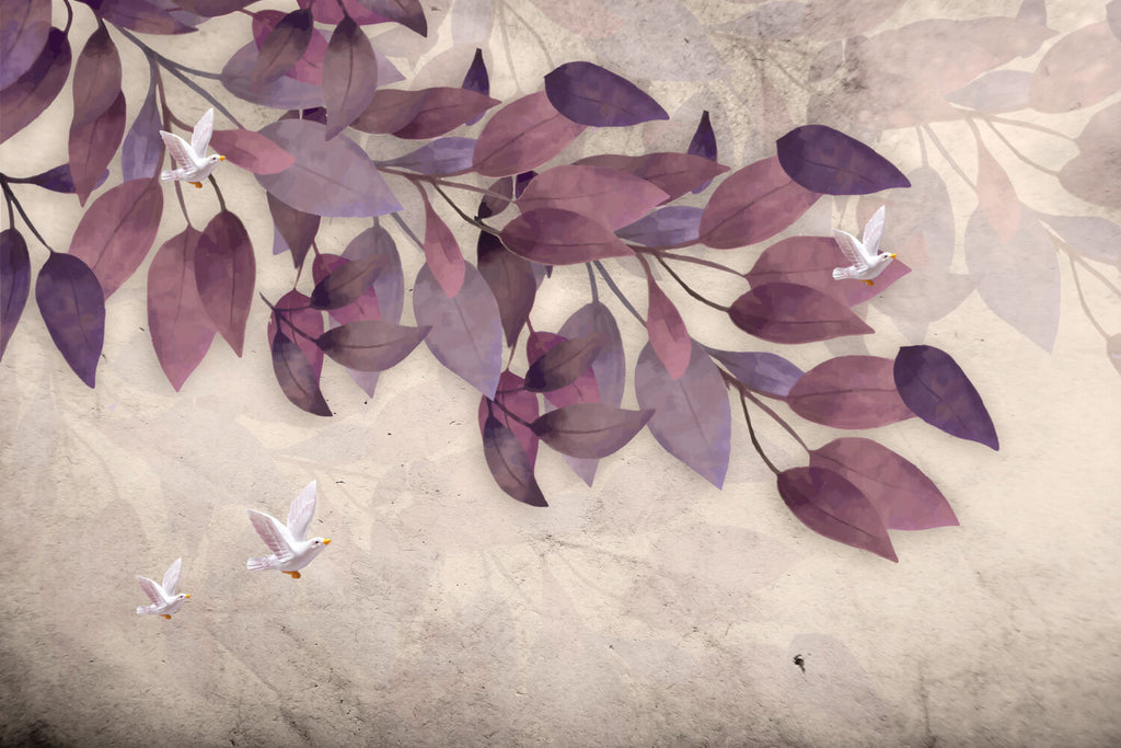 Purple Leaf Wallpaper : Mauve Watercolor Leaves and Bird Mural - flat design