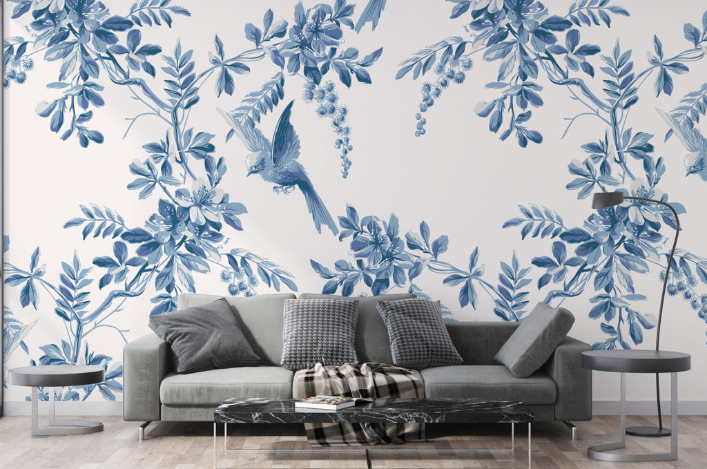 Blue Bird Toile Wallpaper : Indigo Leaf And Bird Pattern - View 2