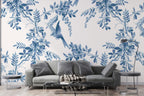 Blue Bird Toile Wallpaper : Indigo Leaf And Bird Pattern - View 2