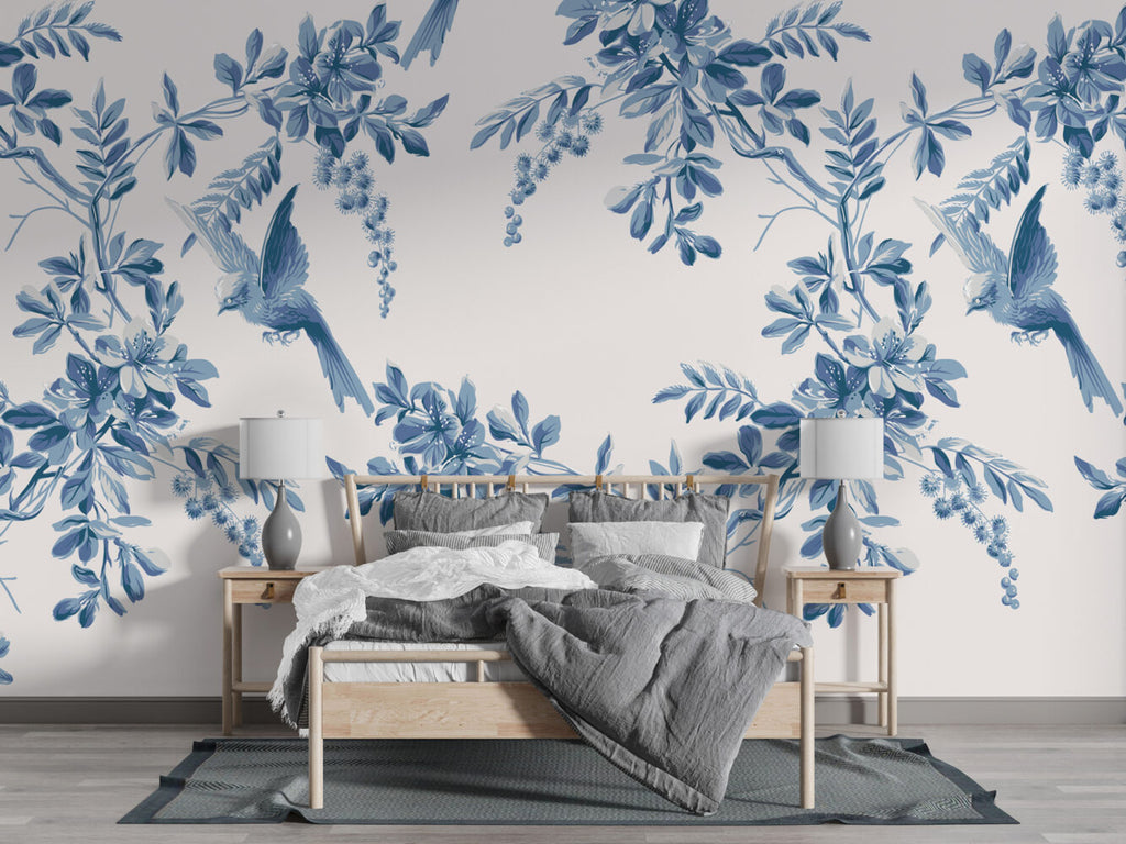 Blue Bird Toile Wallpaper : Indigo Leaf And Bird Pattern - View 3