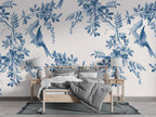 Blue Bird Toile Wallpaper : Indigo Leaf And Bird Pattern - View 3