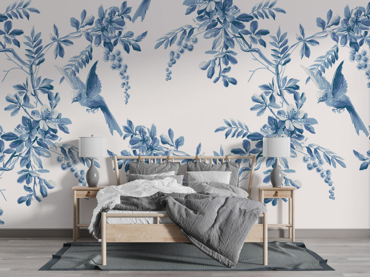 Blue Bird Toile Wallpaper : Indigo Leaf And Bird Pattern - View 3