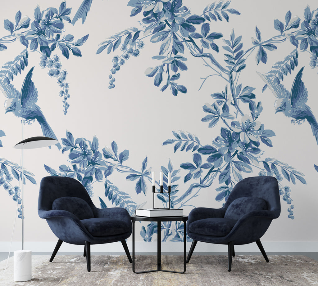Blue Bird Toile Wallpaper : Indigo Leaf And Bird Pattern