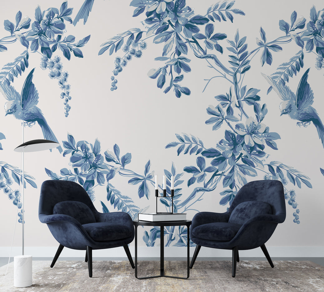 Blue Bird Toile Wallpaper : Indigo Leaf And Bird Pattern