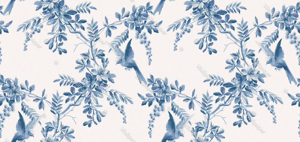 Blue Bird Toile Wallpaper : Indigo Leaf And Bird Pattern - flat design