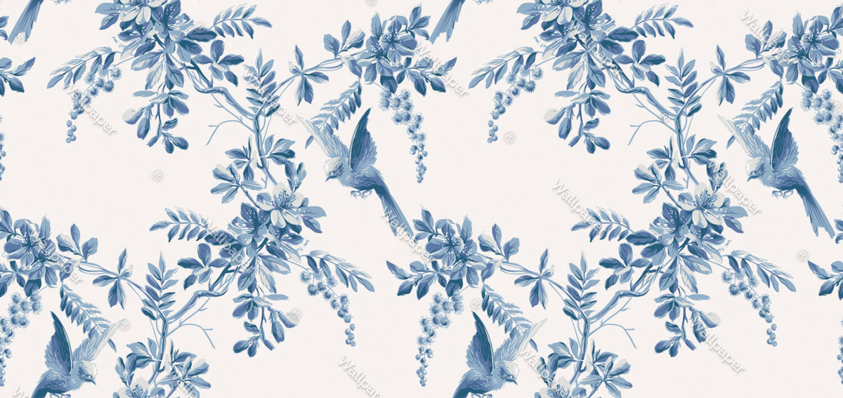 Blue Bird Toile Wallpaper : Indigo Leaf And Bird Pattern - flat design