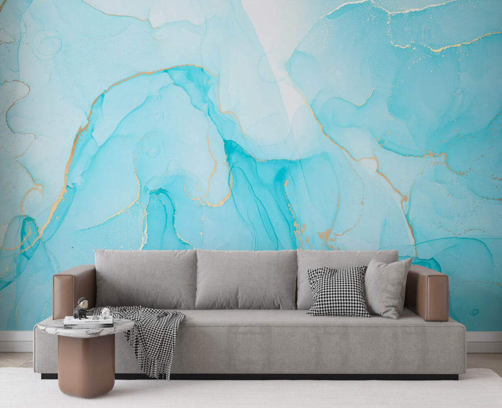 Turquoise Marble Wallpaper : Gold Vein Alcohol Ink Mural - View 3