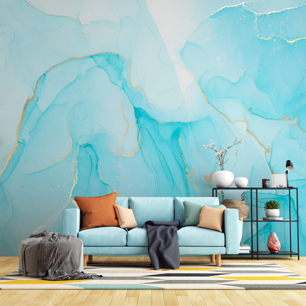 Turquoise Marble Wallpaper : Gold Vein Alcohol Ink Mural