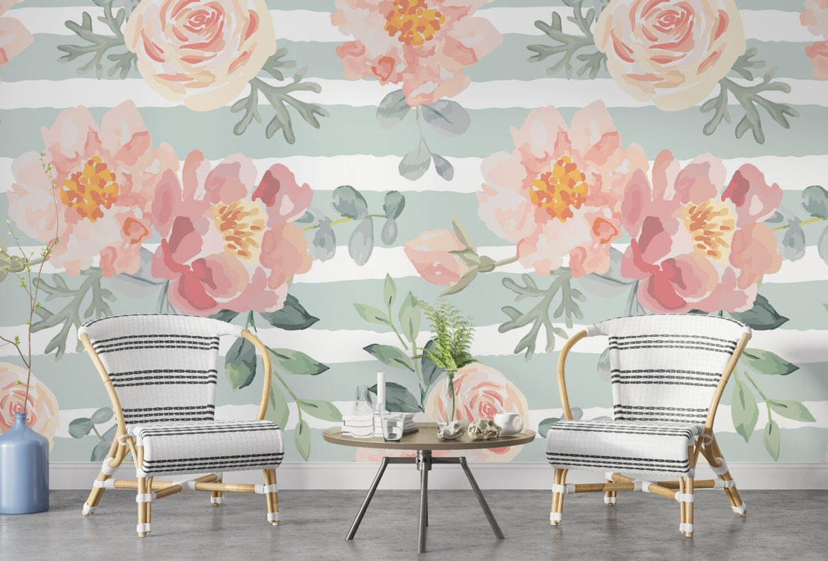 Watercolor Rose Wallpaper : Pink Floral Stripe Mural