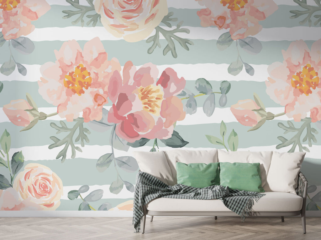 Watercolor Rose Wallpaper : Pink Floral Stripe Mural - View 3