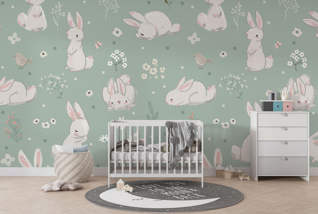 Bunny Wallpaper : Sage Green Rabbits and Birds Nursery Pattern - View 3