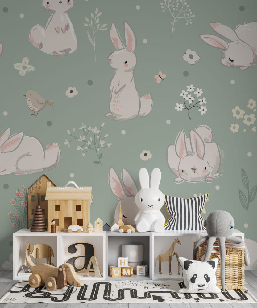 Bunny Wallpaper : Sage Green Rabbits and Birds Nursery Pattern