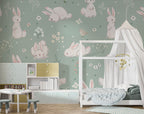 Bunny Wallpaper : Sage Green Rabbits and Birds Nursery Pattern - View 4