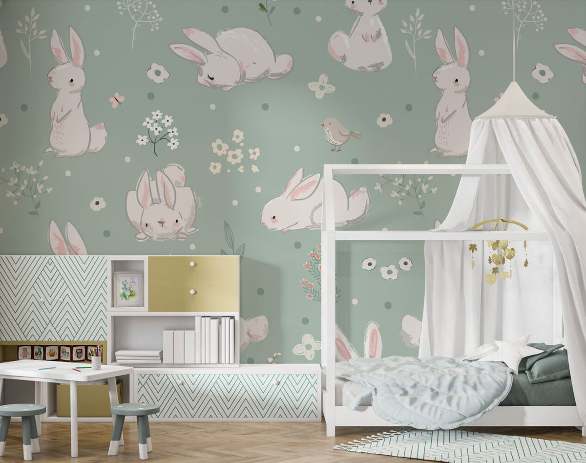 Bunny Wallpaper : Sage Green Rabbits and Birds Nursery Pattern - View 4