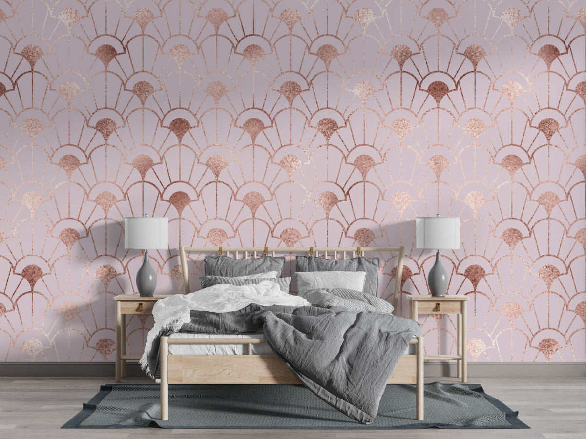 Pink Art Deco Wallpaper : Rose Gold Fan Geometric Pattern - View 3