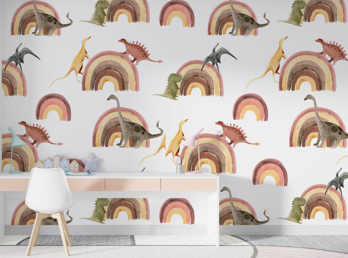 Dinosaur Rainbow Wallpaper : Kids Boho Pattern - View 3