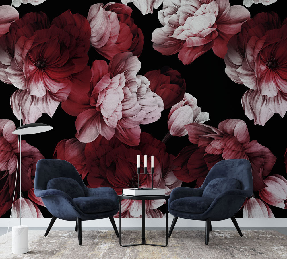 Crimson Peony Wallpaper : Dark Red Floral Mural - View 4