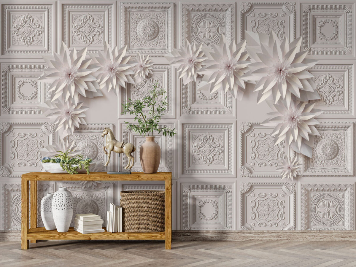 Ornate Panel Wallpaper : 3D White Plaster Ceiling Tiles Mural - View 3