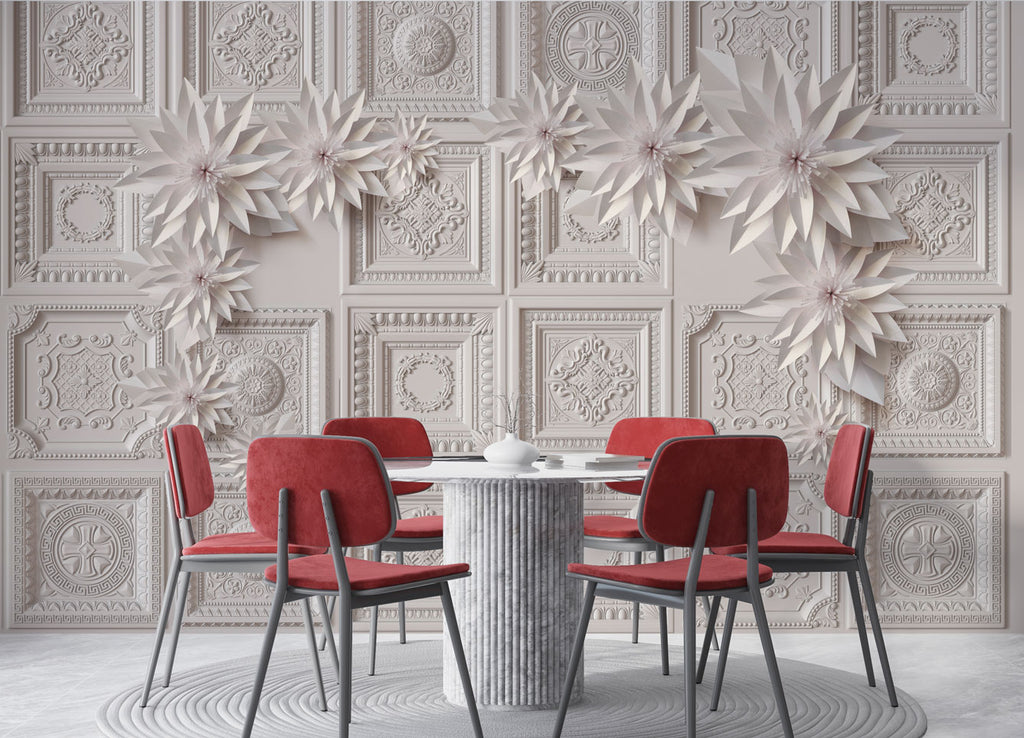 Ornate Panel Wallpaper : 3D White Plaster Ceiling Tiles Mural - View 4