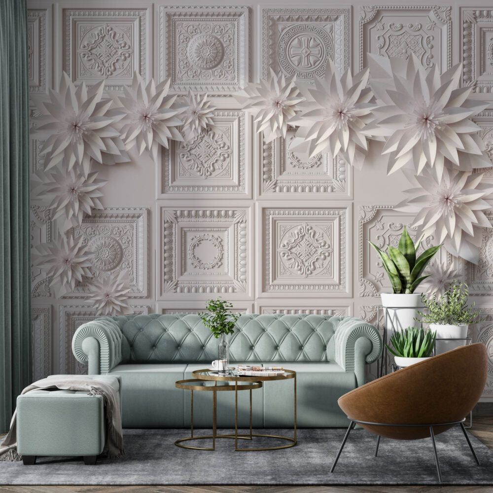 Ornate Panel Wallpaper : 3D White Plaster Ceiling Tiles Mural