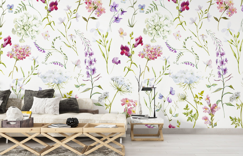 Meadow Floral Wallpaper : Soft Watercolor Wild Bloom Pattern