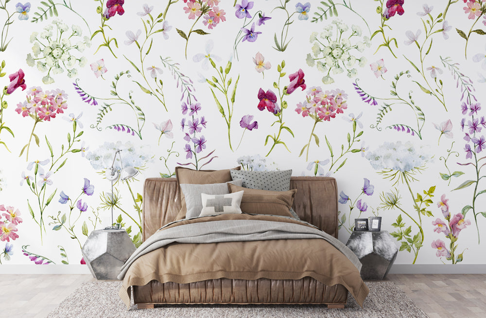 Meadow Floral Wallpaper : Soft Watercolor Wild Bloom Pattern - View 3