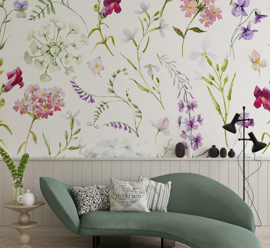 Meadow Floral Wallpaper : Soft Watercolor Wild Bloom Pattern - View 4