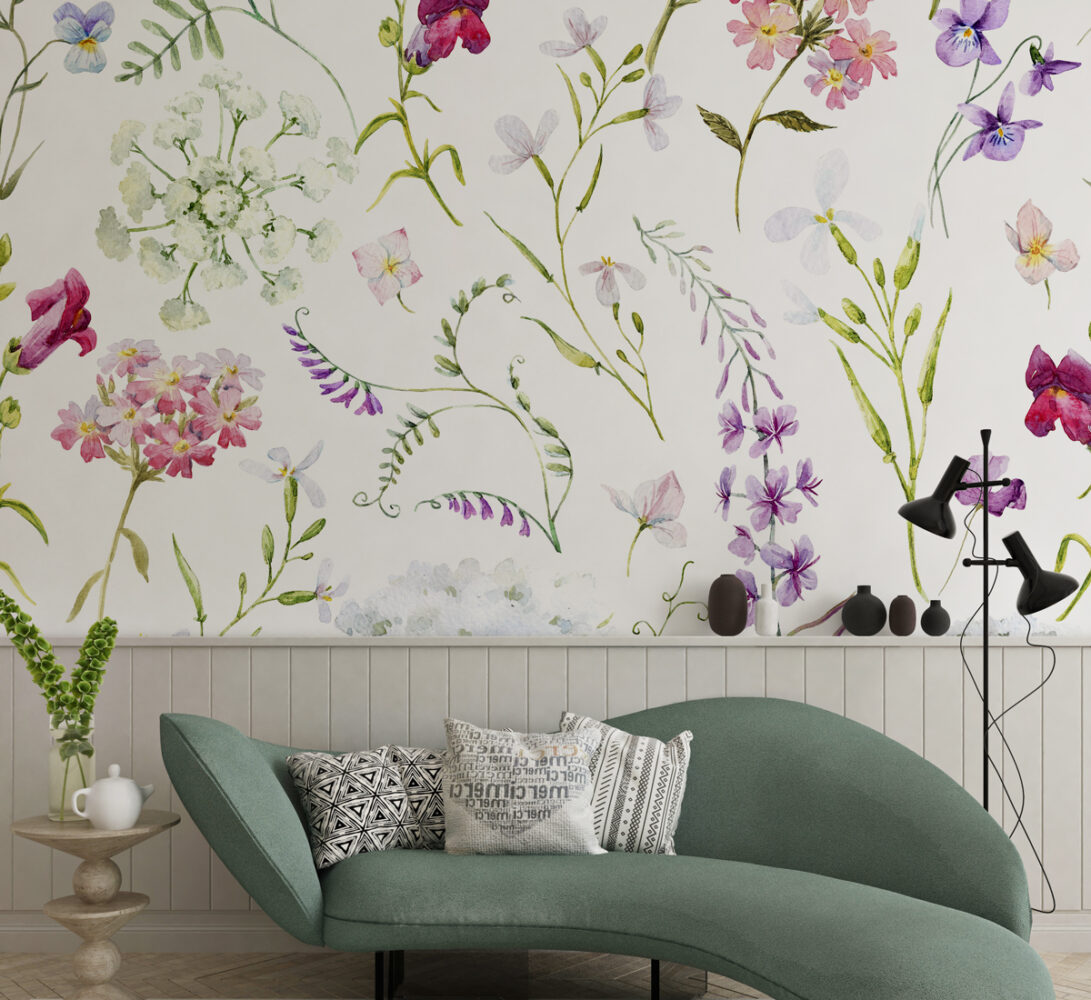 Meadow Floral Wallpaper : Soft Watercolor Wild Bloom Pattern - View 4
