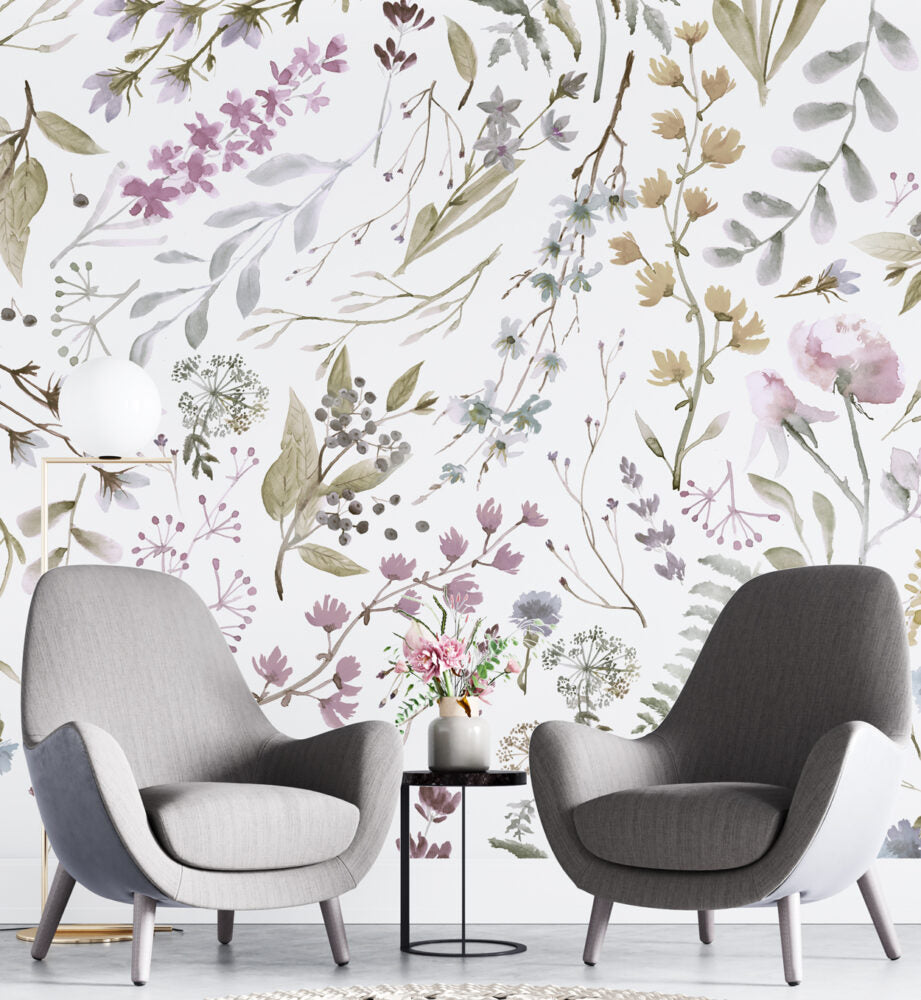 Watercolor Herb Wallpaper : Soft Lavender Botanical Pattern - View 3